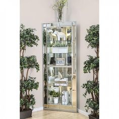 a tall mirrored cabinet with plants and potted trees in the corner on the wall