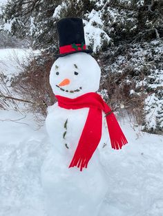 a snowman wearing a red scarf and black hat in the snow with trees behind it