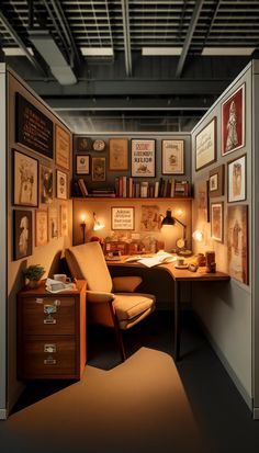 a room with a desk, chair and many pictures on the wall above it that is lit up