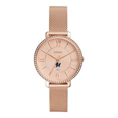 Feminine with a classic twist! This Jacqueline Rose Gold-Tone Stainless Steel Watch by Fossil is designed to give you a boost of team spirit whenever you check the time. It's water resistant, and features a date calendar, quartz movement and a stylish design that makes it great for everyday wear. Polished to perfection, the Rose Gold stainless steel shines effortlessly and the refined Roman numerals will keep you on time wherever you go, while adding the right amount of Miami Marlins pride to any outfit. Fossil Watches Women, Date Calendar, Fossil Watch, Arizona Diamondbacks, Fossil Watches, Rose Gold Watches, Tailgate Party, Mesh Bracelet, Stainless Steel Mesh