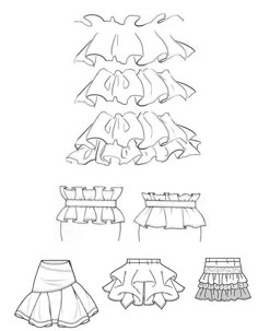 four different types of skirts with ruffles on the bottom, and one side