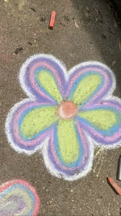 someone is standing in front of a chalk drawing on the ground with flowers painted on it