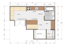 the floor plan for a small home with an attached bathroom and living room in it