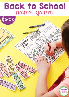 the back to school name game is shown with crayons and pencils next to it