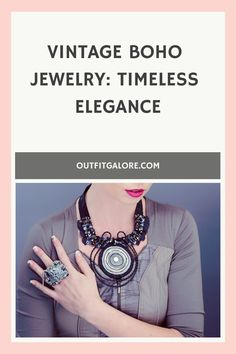 Vintage boho jewelry: woman wearing statement necklace and matching ring, showcasing timeless elegance. Modern Wardrobe