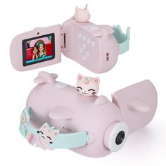 a pink camera with two cats on it