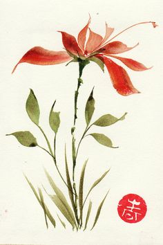 a watercolor painting of a red flower with chinese writing on the bottom right corner