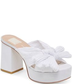 Dolce Vita Blare Pleated Fabric Bow Platform Block Heel Dress Sandals | Dillard's Summer White Heels With Satin Bow, Chic White Sandals With Bow, White Evening Sandals With Bow, Chic White Heels With Bow, White Bow Sandals For Spring, White Fabric Open Toe Heels, White Fabric High Heels, White Fabric Heels For Party, White Fabric Party Heels