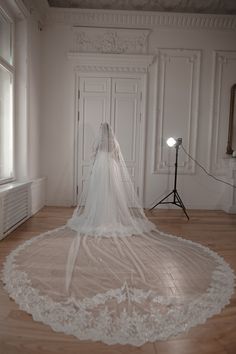 a bride's veil is draped over her wedding dress in the corner of a room