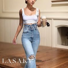 Lasaky - High-Waisted Cut-Out Faded Straight Leg Jeans Light Wash Cropped Bottoms For Everyday, Everyday Light Wash Cropped Bottoms, Light Wash Stretch Cropped Bottoms, Light Wash Fitted Cropped Bottoms, Fitted Cropped Light Wash Bottoms, Straight Leg Jeans, Leg Jeans, Cut Out, High Waist