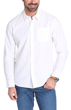 Refresh your essentials with this solid classic fit button-up shirt constructed from crisp, lightweight cotton. Front button closure Point collar Long sleeves with button cuffs Chest patch pocket 100% cotton Dry clean or machine wash, tumble dry Imported Everyday Cotton Dress Shirt With Button Closure, White Cotton Dress Shirt For Everyday, Cotton Dress Shirt For Everyday, Everyday White Cotton Dress Shirt, Cotton Collared Shirt With Wrinkle Resistance, Cotton Collared Shirt Wrinkle-resistant, Cotton Wrinkle-resistant Collared Shirt, Wrinkle-resistant Cotton Collared Shirt, Casual Business Shirt With Wrinkle-resistant Fabric