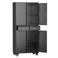 a large metal cabinet with two doors and shelves on casteors to the side, in front of a white background