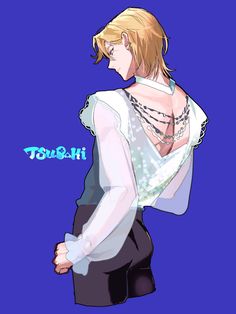 an anime character with blonde hair and white shirt, standing in front of a blue background