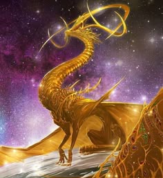 a golden dragon is standing on the edge of a cliff in front of some stars