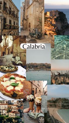 the collage shows many different places and their name is calabria, italy