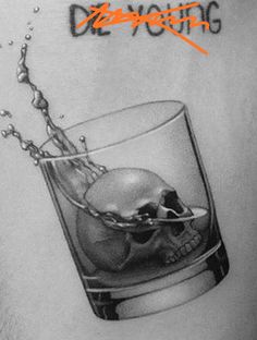 a drawing of a skull in a glass on the back of a man's arm