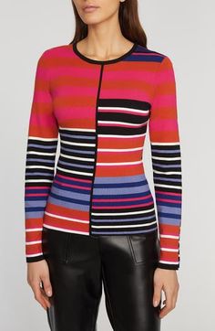 Move flawlessly from work to play in this close-fitting sweater knit with lively offset stripes. 24" length Jewel neck Long sleeves 72% viscose, 28% polyester Machine wash, tumble dry Imported Fitted Striped Knit Top For Spring, Chic Striped Fitted Sweater, Fitted Striped Knit Top With Crew Neck, Fitted Striped Crew Neck Knit Top, Fitted Multicolor Jacquard Knit Top, Striped Fitted Crew Neck Sweater, Chic Fitted Multicolor Sweater, Striped Fine Knit Sweater For Spring, Elie Tahari