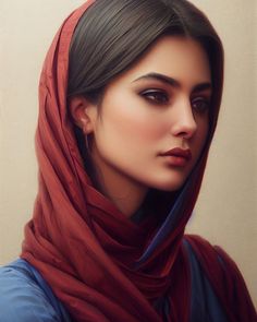 a painting of a woman wearing a red shawl over her head and looking off to the side