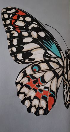 a painting of a colorful butterfly on a gray background with black, white, and red details