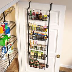 an organized pantry with food and drinks on the shelves next to a white closet door