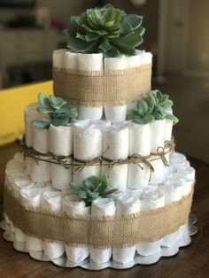 a three tiered diaper cake with succulents and burlocks