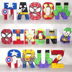 the letters are made up of different superheros