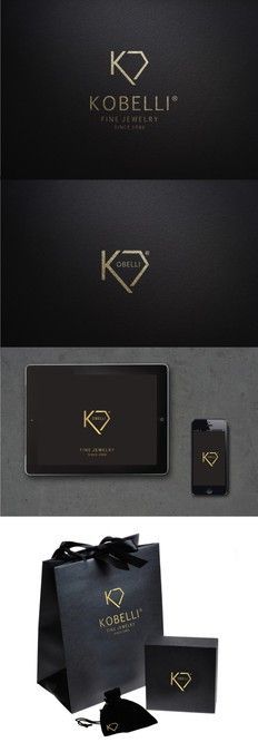 the logo for kobelli is shown next to its bag and phone, which are both black and gold