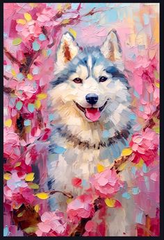 a painting of a husky dog with pink flowers