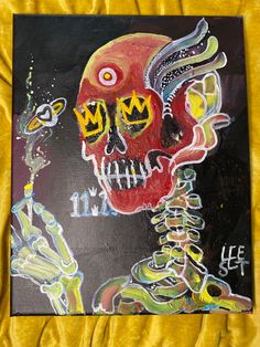 a painting of a skeleton with yellow eyes