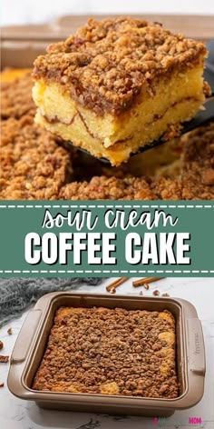 coffee cake with crumbled toppings in a baking pan and on a plate