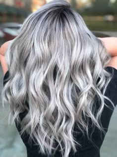 Silver Gray Blonde Hair, Silver Hair With Dimension, Dimensional Silver Hair, Silver Hair With Dark Shadow Root, White Silver Hair Color, Platinum Grey Hair Silver, Smokey Gray Hair Color, Silver Hair With Shadow Root, Silver Dyed Hair