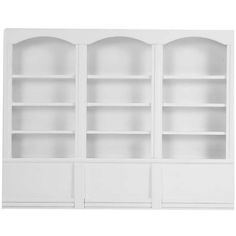 a white bookcase with three shelves and two doors on the front, one door open