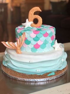 there is a birthday cake that looks like it has the number six on top of it