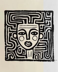 a black and white drawing of a woman's face in an abstract pattern on paper