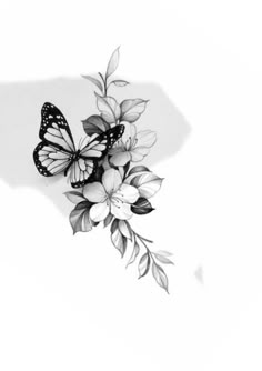 black and white photo of butterflies flying over the top of flowers on a white background