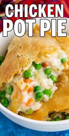 chicken pot pie with peas in a white bowl