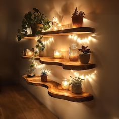 three shelves with candles and plants on them in a room that is lit up by string lights