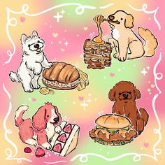 four different dogs and food items on a colorful background