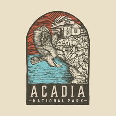 the logo for acadia national park, with an eagle flying over water and a lighthouse