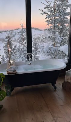 a bath tub sitting in front of a window next to a tree filled forest with snow on the ground