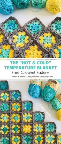 the hot and cold temperature blanket crochet pattern is shown with balls of yarn