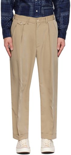 Tapered stretch cotton twill trousers. · Belt loops · Four-pocket styling · Zip-fly · Pleats and button tab at front Supplier color: Sand Beams Plus, Twill Trousers, Pleated Trousers, Color Sand, Luxury Streetwear, Plus Clothing, Stretch Cotton, Cotton Twill, Beams