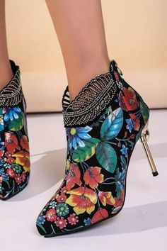 Women's Floral Print High Heels, Rhinestone Decor Pointed Toe Back Zipper Stiletto Boots, Fashion Elegant Dress Ankle Boots Party Heels With Zipper Closure, Party High Heels With Zipper Closure, Summer Party Boots With Rhinestones, Cocktail High Heel Boots With Rhinestones, High Heel Rhinestone Boots For Cocktail, Multicolor High Heel Boots For Night Out, Dress Ankle Boots, Heels Rhinestone, Boots Outfit Ankle