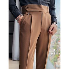 Season:Spring   Fall; Fabric:Polyester; Gender:Men's; Style:Vintage,Elegant; Elasticity:Micro-elastic; Occasion:Daily,Work,Business,Office; Fit Type:Regular Fit; Function:Comfort; Waistline:High Waist; Pattern:Plain; Design:Pocket,High Rise; Pants Type:Dress Pants,Trousers,Slacks,Pleated Pants,Suit Pants,Gurkha Pants; Fly Type:Button; Front page:FF; Listing Date:12/20/2022; Hips:; Length:; Waist: Formal Stretch Brown Bottoms, Formal Stretch Brown Pants, Semi-formal Stretch Bottoms For Fall, Stretch Semi-formal Bottoms For Fall, Stretch Bottoms For Semi-formal Fall Occasions, Stretch Bottoms For Semi-formal Fall Events, Ankle-length Business Casual Dress Pants With Buttons, Ankle-length Dress Pants With Buttons For Business Casual, Semi-formal Brown Bottoms For Fall