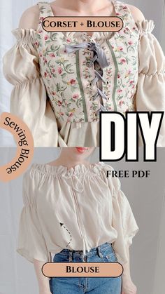 an image of a woman wearing a blouse and jeans with the words diy on it