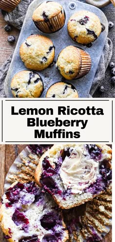 lemon ricotta blueberry muffins on a baking sheet with the rest of the muffins