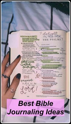 a woman's hand holding an open bible with the words best bible journal on it