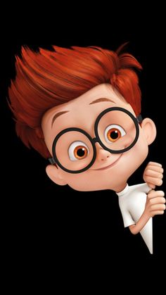 a cartoon boy with glasses and a bow tie is peeking out from behind a black background