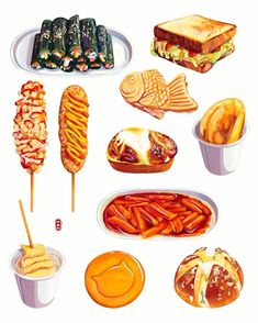 an illustration of different foods on plates and in paper cups with chopsticks next to them