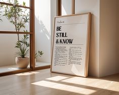 a framed poster sitting on top of a wooden floor next to a potted plant